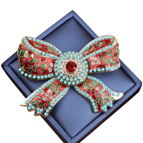 Bow Brooch Gold Tone Enamel Red Green & Turquoise - Picture 1 of 2